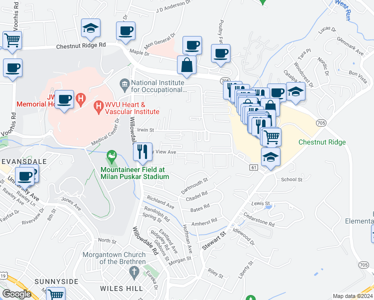 map of restaurants, bars, coffee shops, grocery stores, and more near 1037 Valley View Avenue in Morgantown