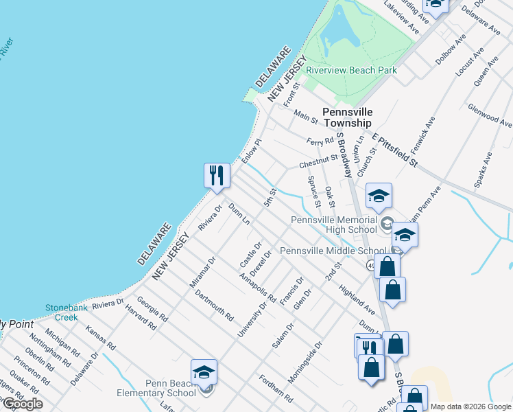 map of restaurants, bars, coffee shops, grocery stores, and more near 105 Castle Heights Avenue in Pennsville Township