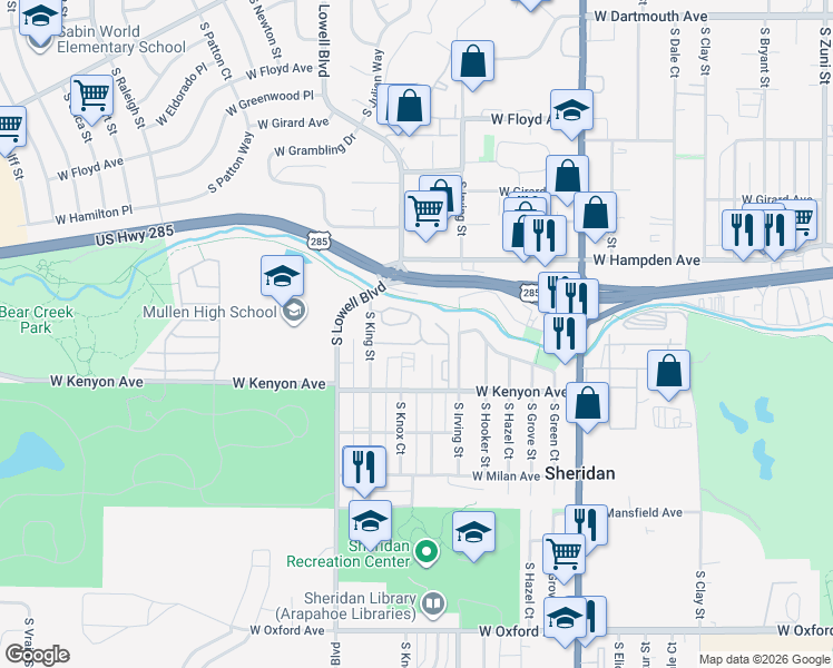 map of restaurants, bars, coffee shops, grocery stores, and more near 3500 South King Street in Denver