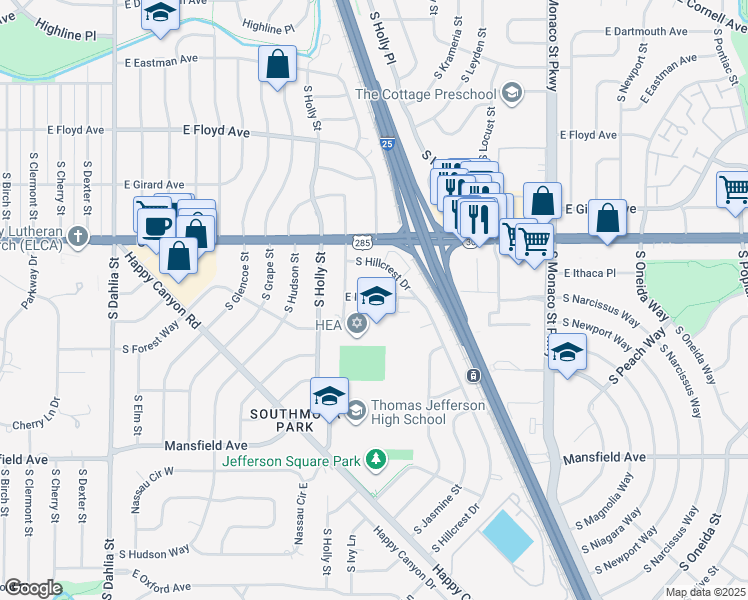 map of restaurants, bars, coffee shops, grocery stores, and more near 5770 East Ithaca Place in Denver