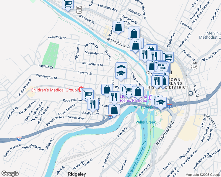 map of restaurants, bars, coffee shops, grocery stores, and more near 218 Washington Street in Cumberland