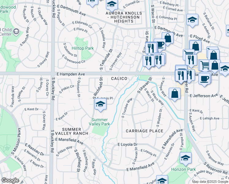 map of restaurants, bars, coffee shops, grocery stores, and more near 3566 S Telluride Way in Aurora