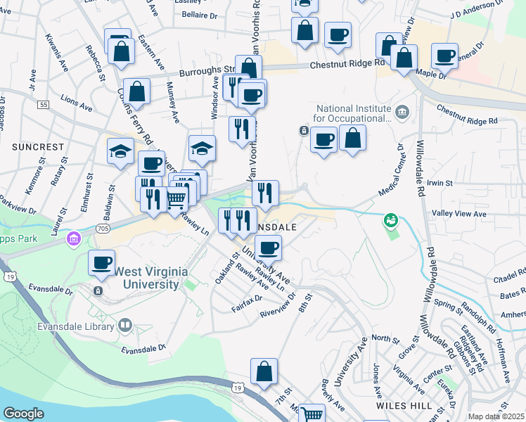 map of restaurants, bars, coffee shops, grocery stores, and more near 453 Oakland Street in Morgantown