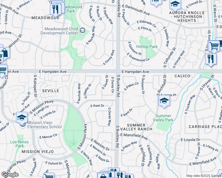 map of restaurants, bars, coffee shops, grocery stores, and more near 3612 South Ouray Circle in Aurora