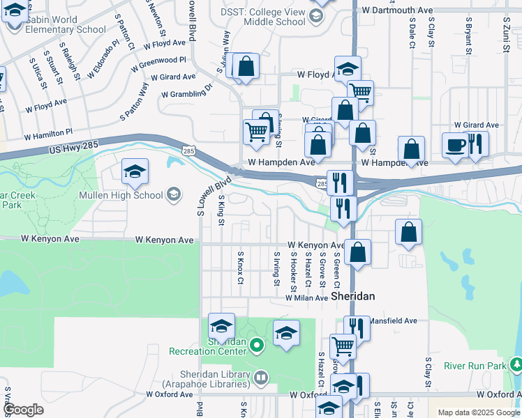 map of restaurants, bars, coffee shops, grocery stores, and more near 3500 South King Street in Denver