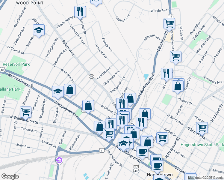 map of restaurants, bars, coffee shops, grocery stores, and more near 319 McDowell Avenue in Hagerstown