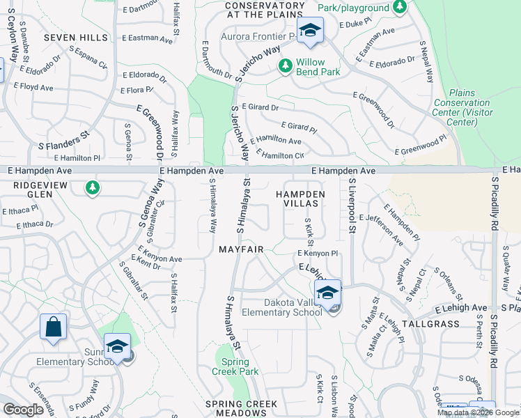 map of restaurants, bars, coffee shops, grocery stores, and more near 3565 South Jebel Circle in Aurora