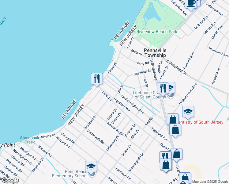 map of restaurants, bars, coffee shops, grocery stores, and more near 105 Castle Heights Avenue in Pennsville