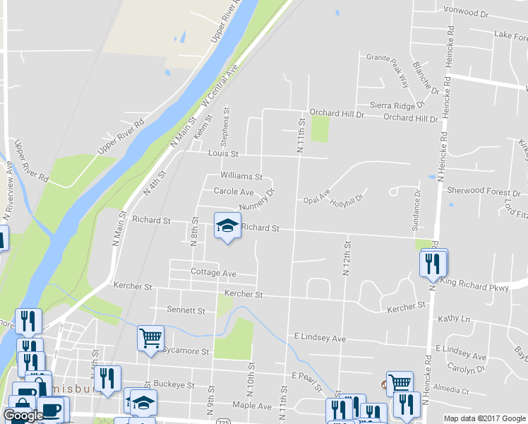 map of restaurants, bars, coffee shops, grocery stores, and more near 1126 Nunnery Drive in Miamisburg