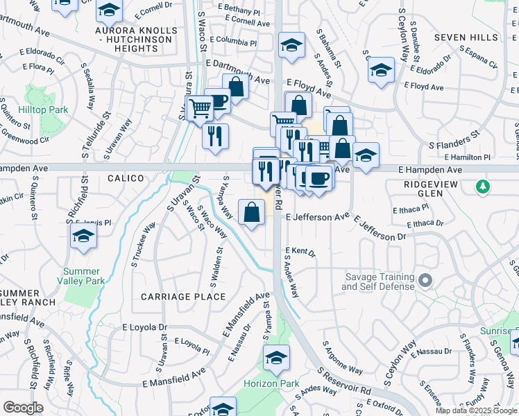 map of restaurants, bars, coffee shops, grocery stores, and more near 3500-3610 South Zeno Way in Aurora