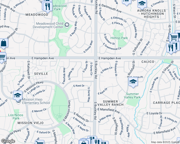 map of restaurants, bars, coffee shops, grocery stores, and more near 3612 South Ouray Circle in Aurora