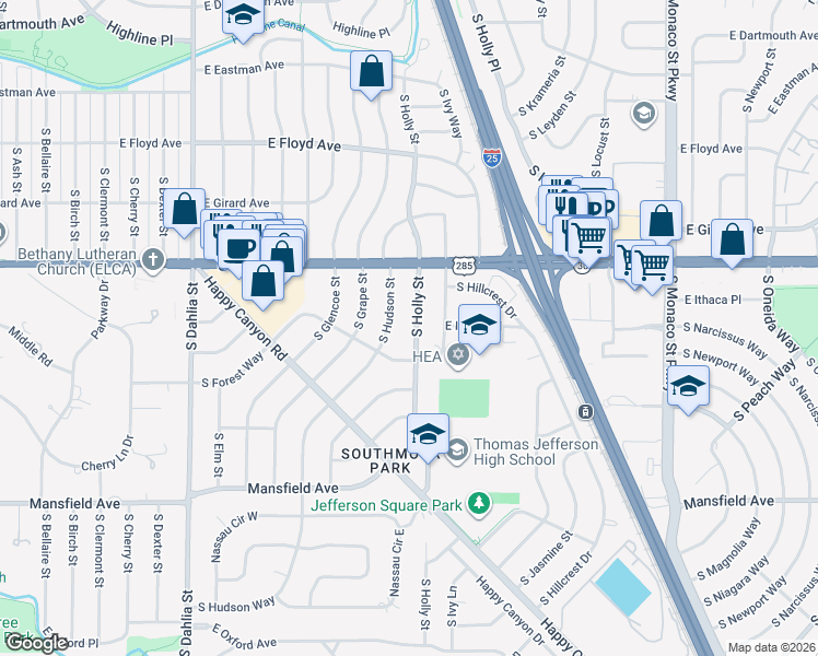 map of restaurants, bars, coffee shops, grocery stores, and more near 3575 South Holly Street in Denver