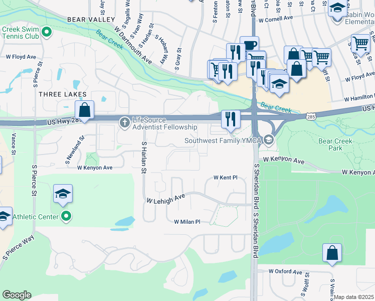 map of restaurants, bars, coffee shops, grocery stores, and more near 3576 South Depew Street in Lakewood