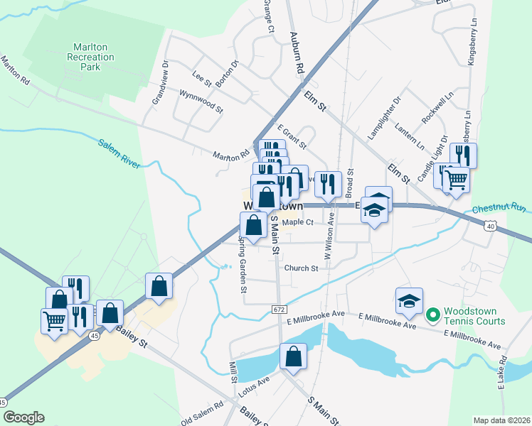 map of restaurants, bars, coffee shops, grocery stores, and more near in Woodstown