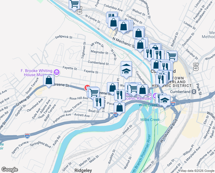 map of restaurants, bars, coffee shops, grocery stores, and more near 310 Washington Street in Cumberland