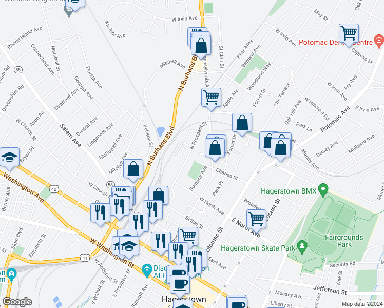 map of restaurants, bars, coffee shops, grocery stores, and more near 608 North Prospect Street in Hagerstown