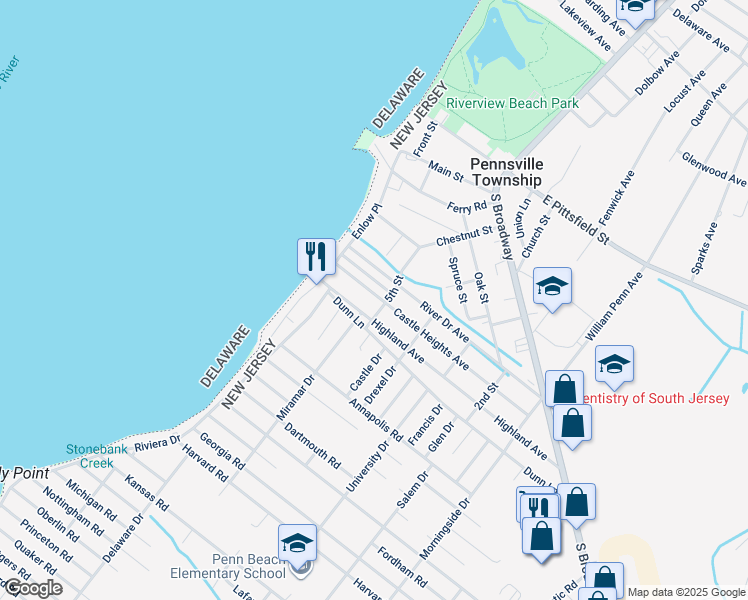 map of restaurants, bars, coffee shops, grocery stores, and more near 105 Castle Heights Avenue in Pennsville
