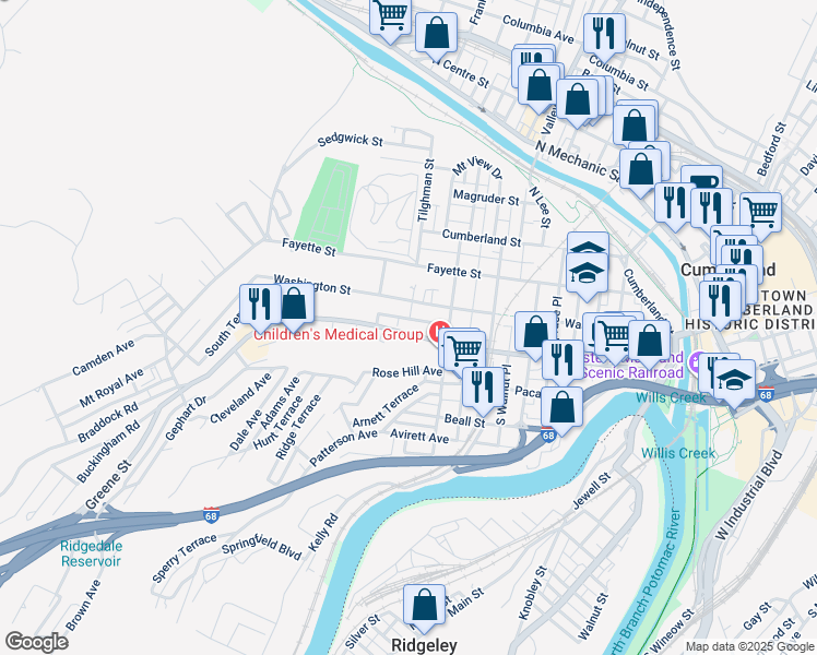 map of restaurants, bars, coffee shops, grocery stores, and more near 531 Greene Street in Cumberland