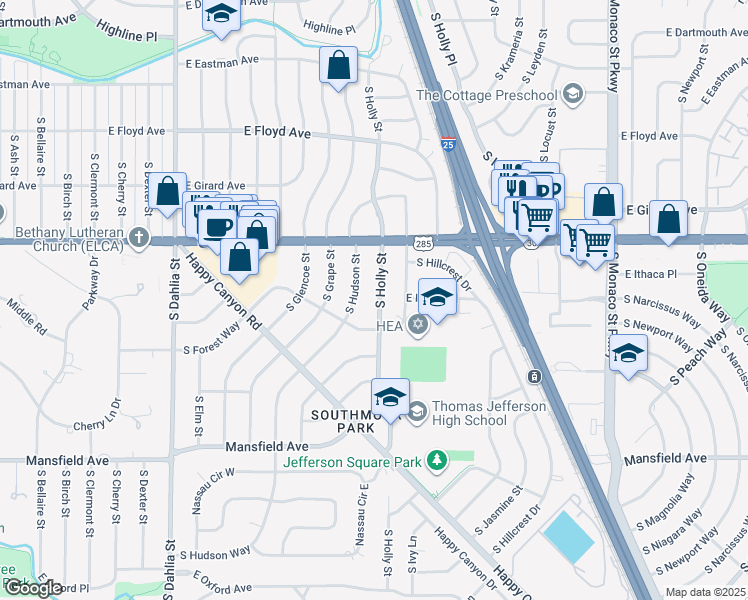 map of restaurants, bars, coffee shops, grocery stores, and more near 3575 South Holly Street in Denver