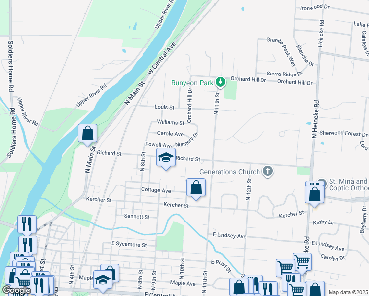 map of restaurants, bars, coffee shops, grocery stores, and more near 1126 Nunnery Drive in Miamisburg
