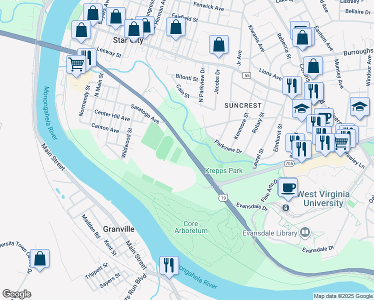 map of restaurants, bars, coffee shops, grocery stores, and more near Monongahela Boulevard in Morgantown