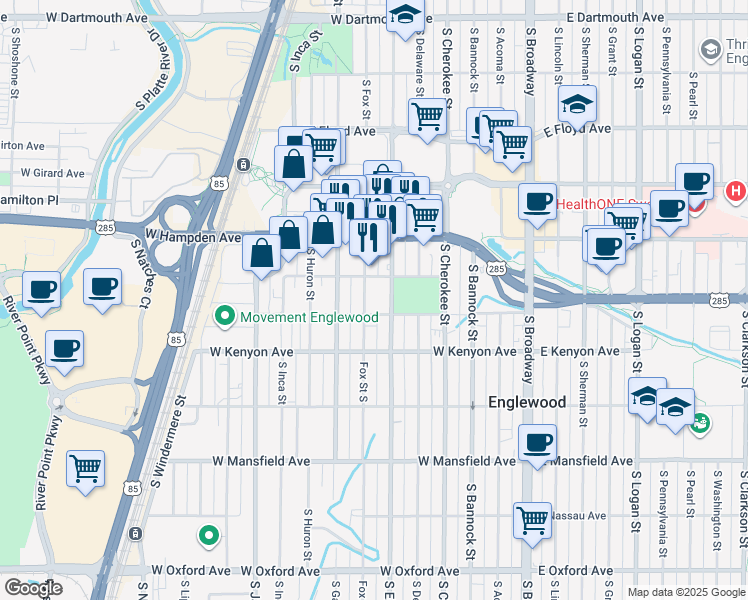 map of restaurants, bars, coffee shops, grocery stores, and more near 3615 South Elati Street in Englewood
