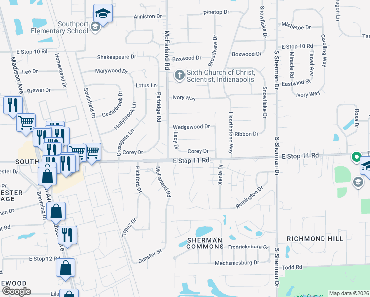 map of restaurants, bars, coffee shops, grocery stores, and more near 3318 Corey Drive in Indianapolis