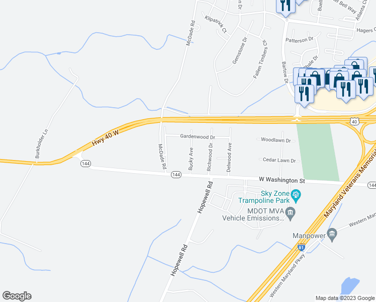 map of restaurants, bars, coffee shops, grocery stores, and more near 12224 Bucky Avenue in Hagerstown
