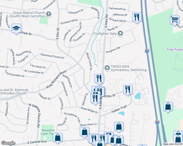 map of restaurants, bars, coffee shops, grocery stores, and more near 1350 Black Forest Drive in Dayton