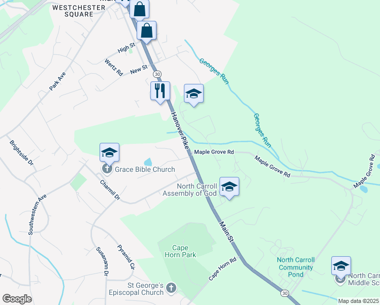 map of restaurants, bars, coffee shops, grocery stores, and more near 3300 Maple Grove Road in Manchester