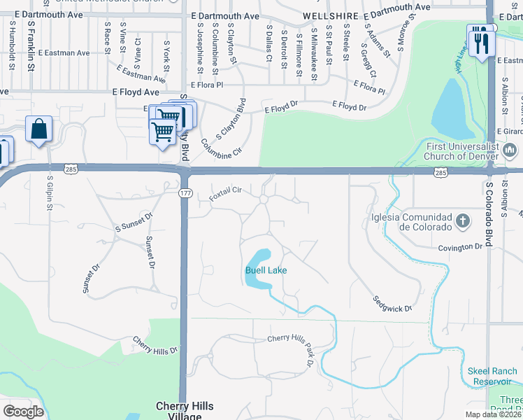 map of restaurants, bars, coffee shops, grocery stores, and more near 5 Buell Mansion Pkwy in Cherry Hills Village