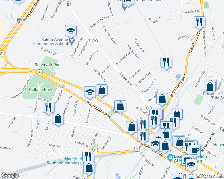 map of restaurants, bars, coffee shops, grocery stores, and more near 251 West Side Avenue in Hagerstown