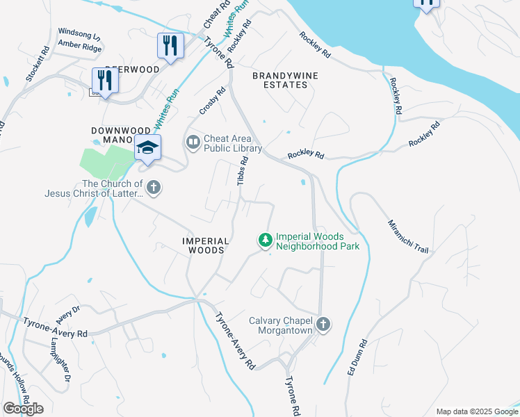 map of restaurants, bars, coffee shops, grocery stores, and more near 30 Pine Tree Lane in Morgantown