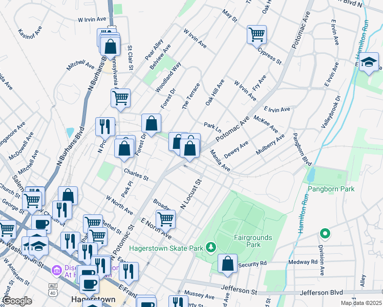 map of restaurants, bars, coffee shops, grocery stores, and more near 735 Potomac Avenue in Hagerstown