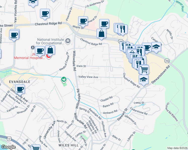 map of restaurants, bars, coffee shops, grocery stores, and more near Stone Gate Circle in Morgantown