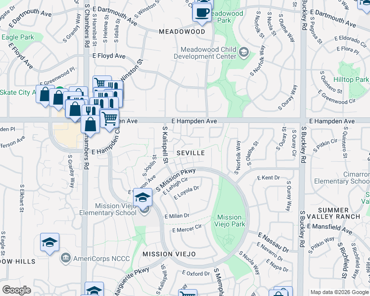 map of restaurants, bars, coffee shops, grocery stores, and more near 3583 South Kittredge Street in Aurora