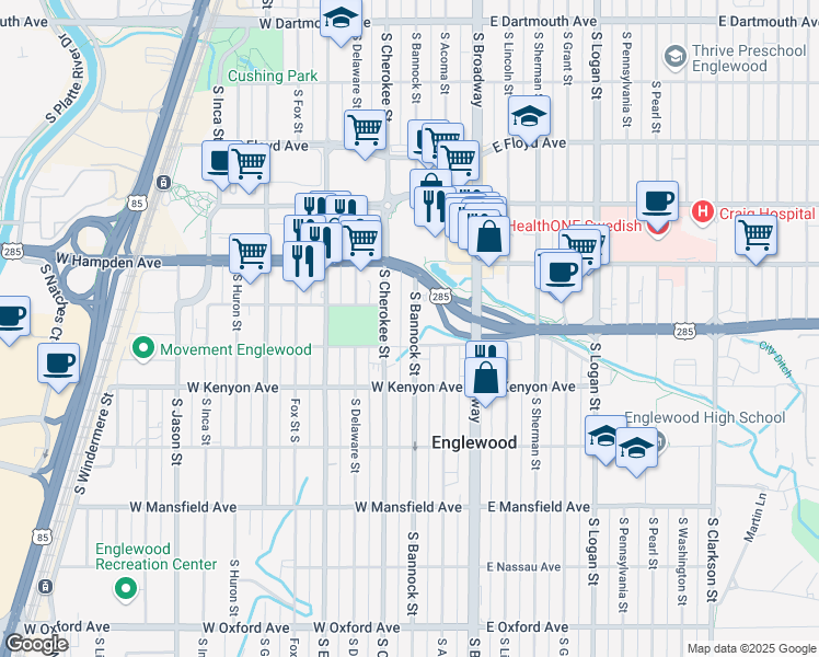 map of restaurants, bars, coffee shops, grocery stores, and more near 3638 South Cherokee Street in Englewood