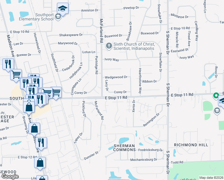 map of restaurants, bars, coffee shops, grocery stores, and more near 3318 Corey Drive in Indianapolis