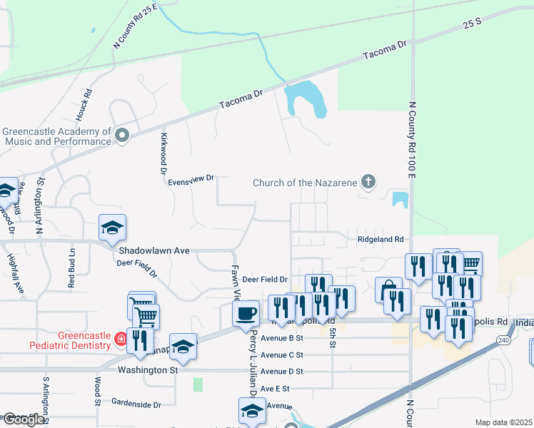 map of restaurants, bars, coffee shops, grocery stores, and more near 416 Glenview Lane in Greencastle