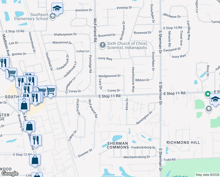 map of restaurants, bars, coffee shops, grocery stores, and more near 3318 Corey Drive in Indianapolis
