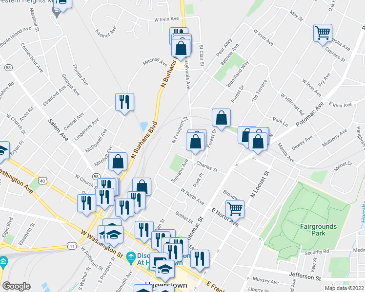 map of restaurants, bars, coffee shops, grocery stores, and more near 128 Clarkson Avenue in Hagerstown