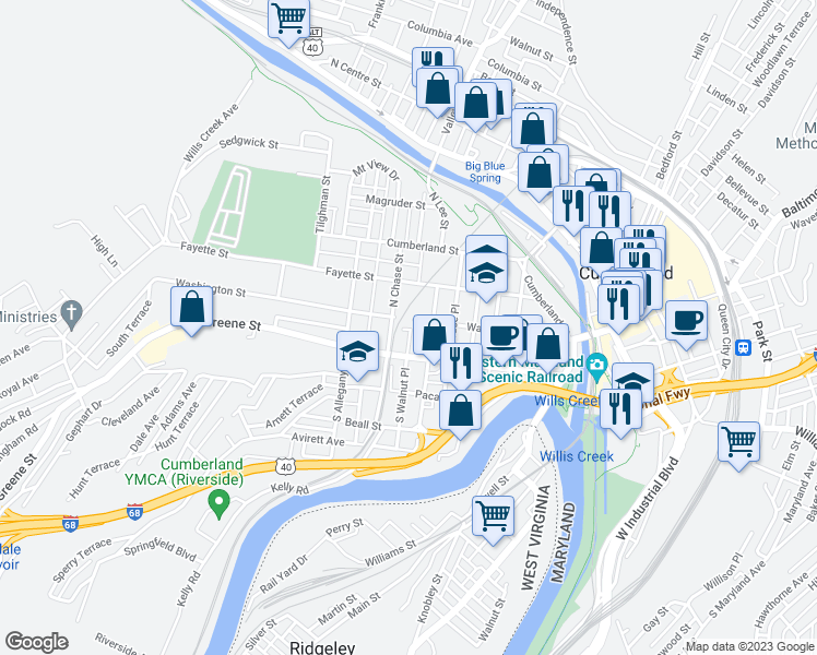 map of restaurants, bars, coffee shops, grocery stores, and more near 310 Washington Street in Cumberland