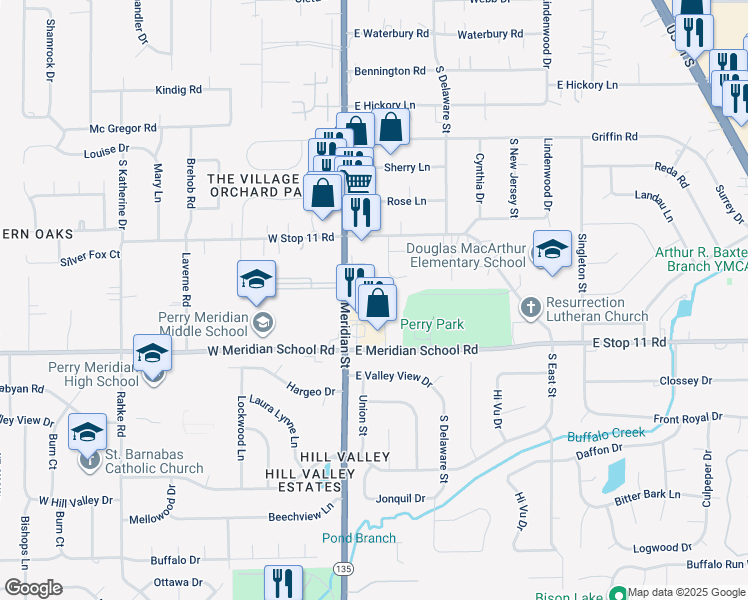 map of restaurants, bars, coffee shops, grocery stores, and more near 8011 South Meridian Street in Indianapolis