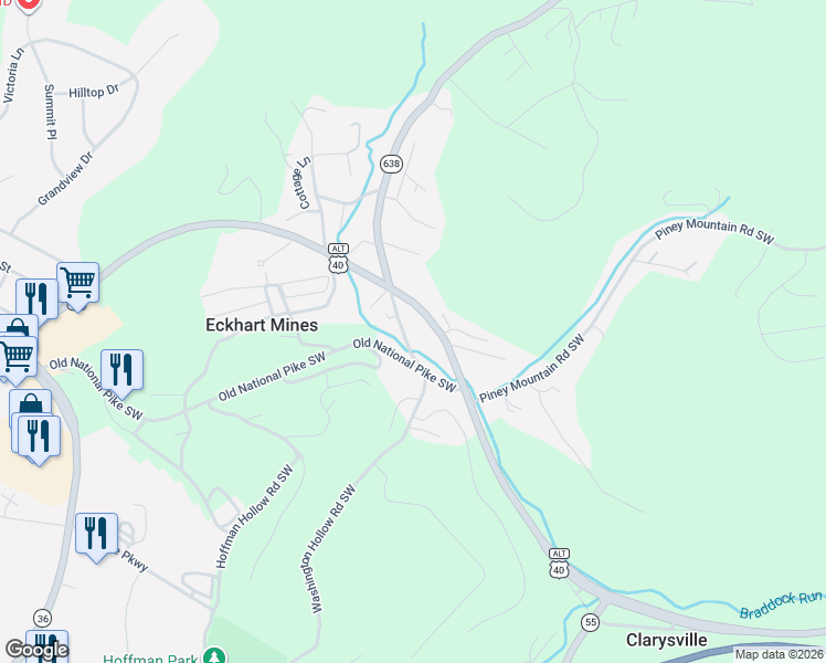 map of restaurants, bars, coffee shops, grocery stores, and more near 16704 National Highway in Frostburg