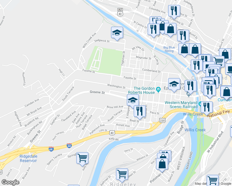 map of restaurants, bars, coffee shops, grocery stores, and more near 539 Greene Street in Cumberland