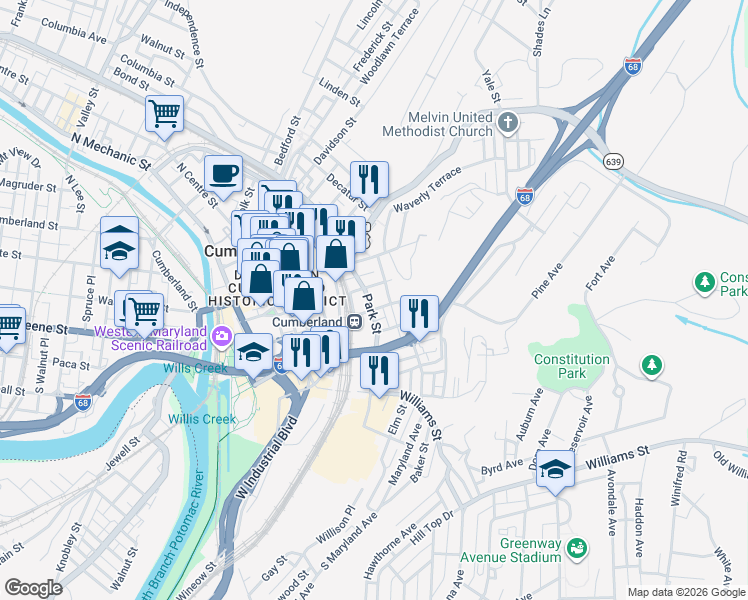 map of restaurants, bars, coffee shops, grocery stores, and more near 226 Williams Street in Cumberland
