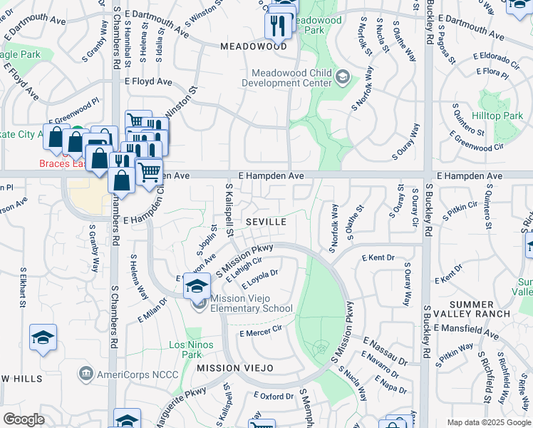 map of restaurants, bars, coffee shops, grocery stores, and more near 3572 South Kittredge Street in Aurora