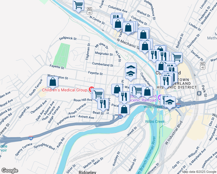 map of restaurants, bars, coffee shops, grocery stores, and more near 312 Washington Street in Cumberland