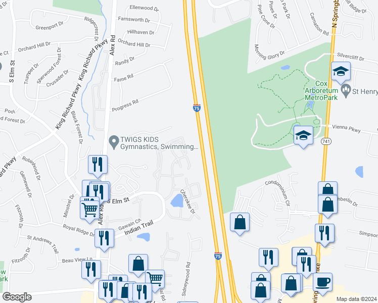 map of restaurants, bars, coffee shops, grocery stores, and more near 1141 Shawnee Run in West Carrollton
