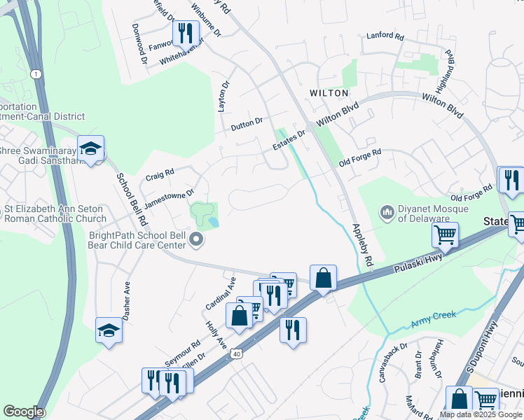 map of restaurants, bars, coffee shops, grocery stores, and more near 1146 Old Forge Road in New Castle